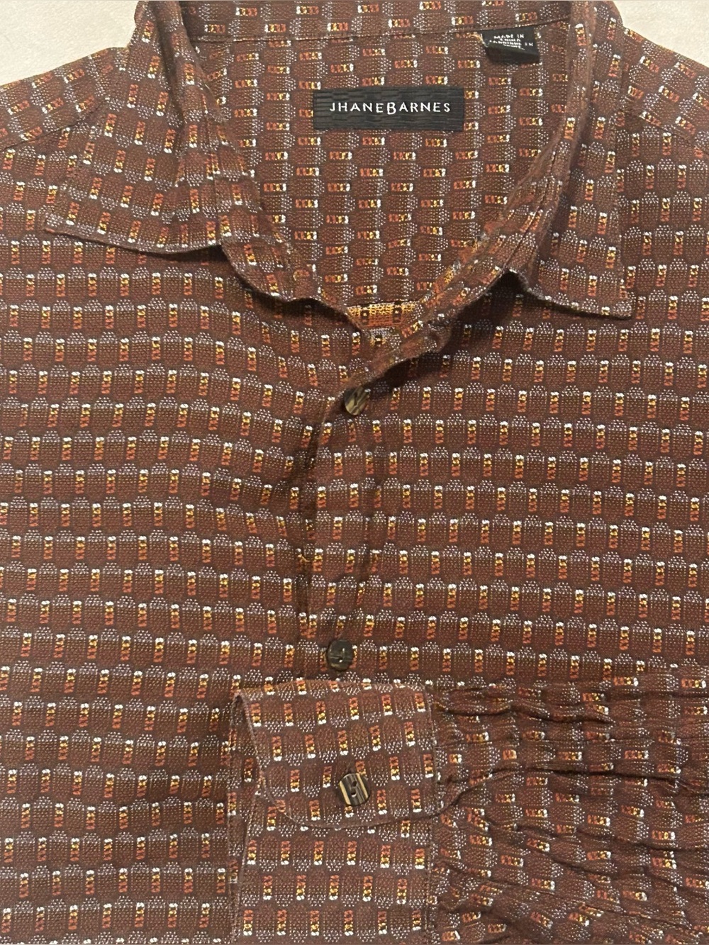 Jhane Barnes Silk Cotton Button Down Shirt Brown Geometric Men's Large